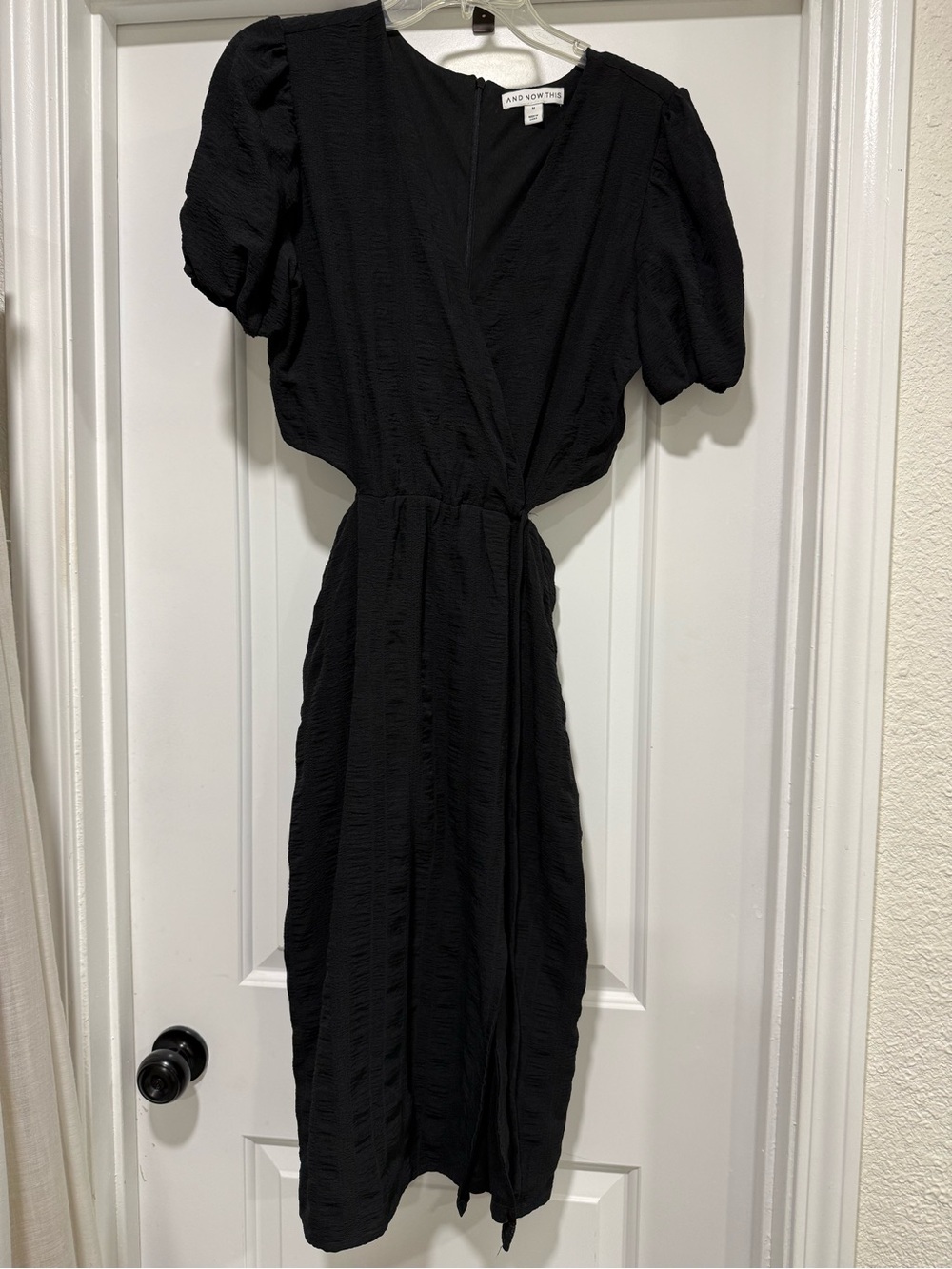 And Other Stories Black Textured Midi Dress with Puff Sleeves